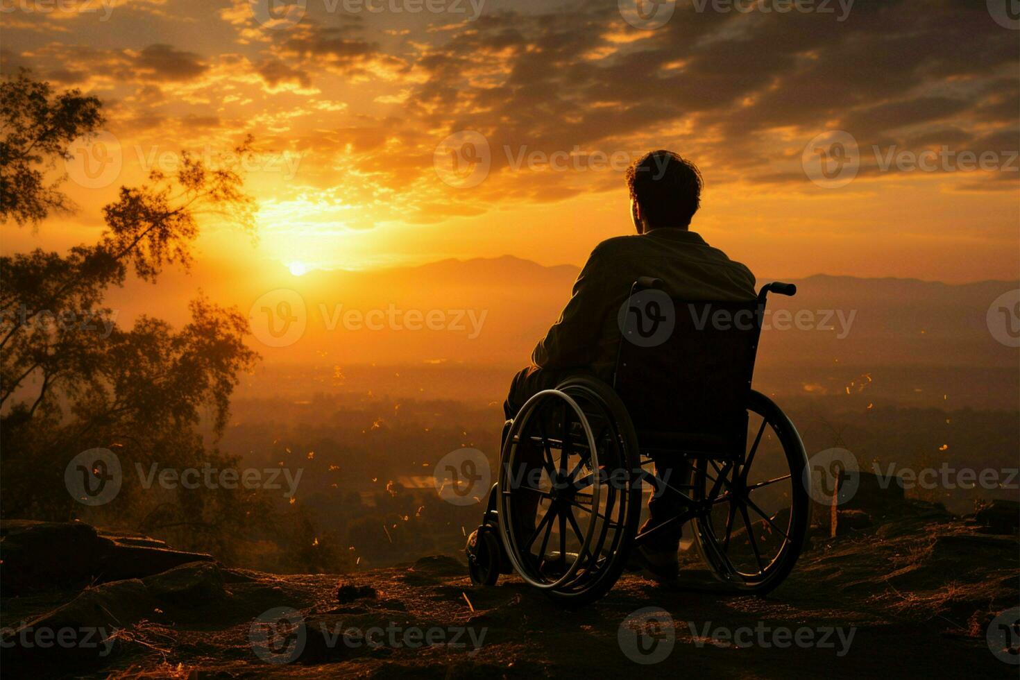 silla de ruedas ligado silueta, simbolizando empoderamiento en medio de un puestas de sol dorado matices ai generado foto