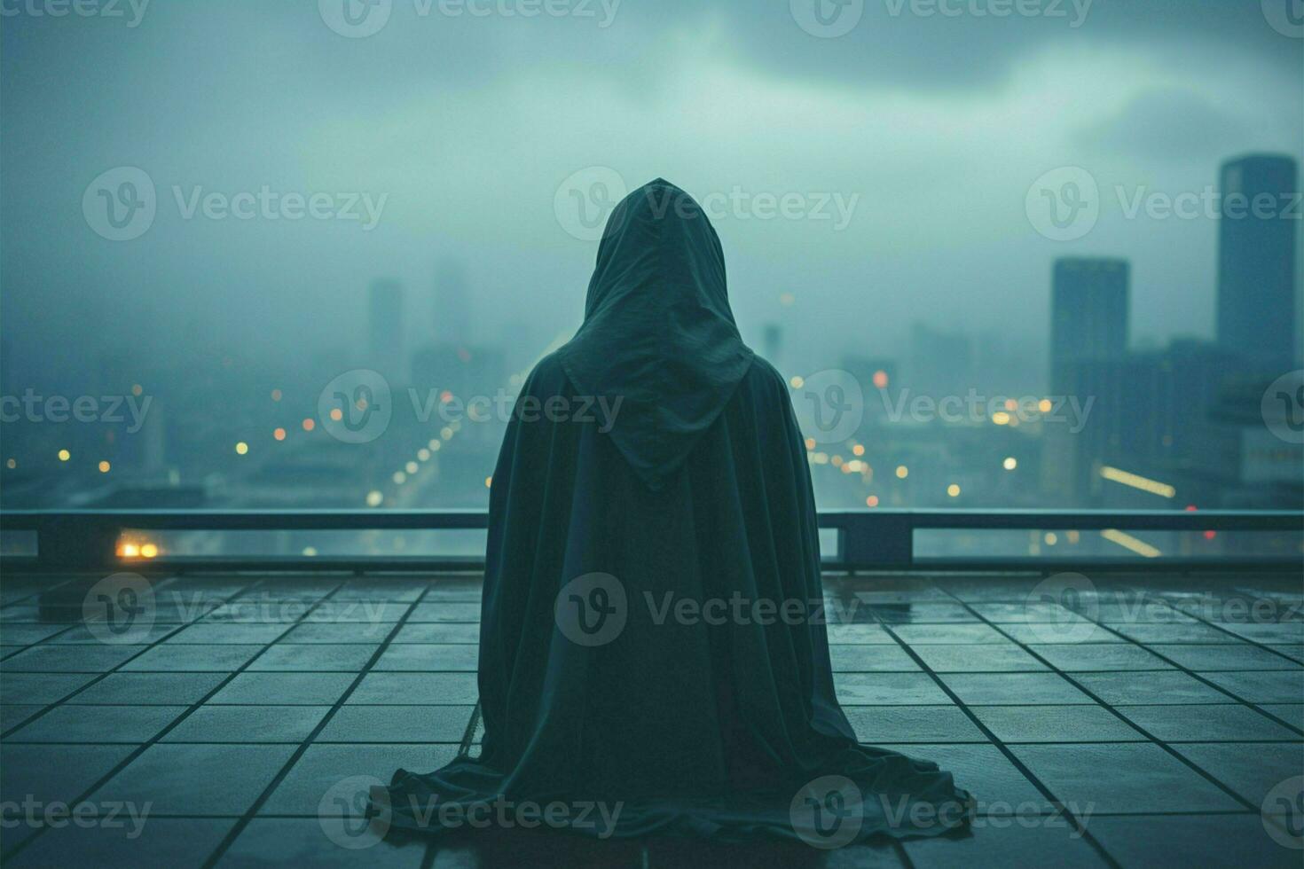 Mysterious persona in hood on rooftop, faceless, surrounded by empty space AI Generated photo