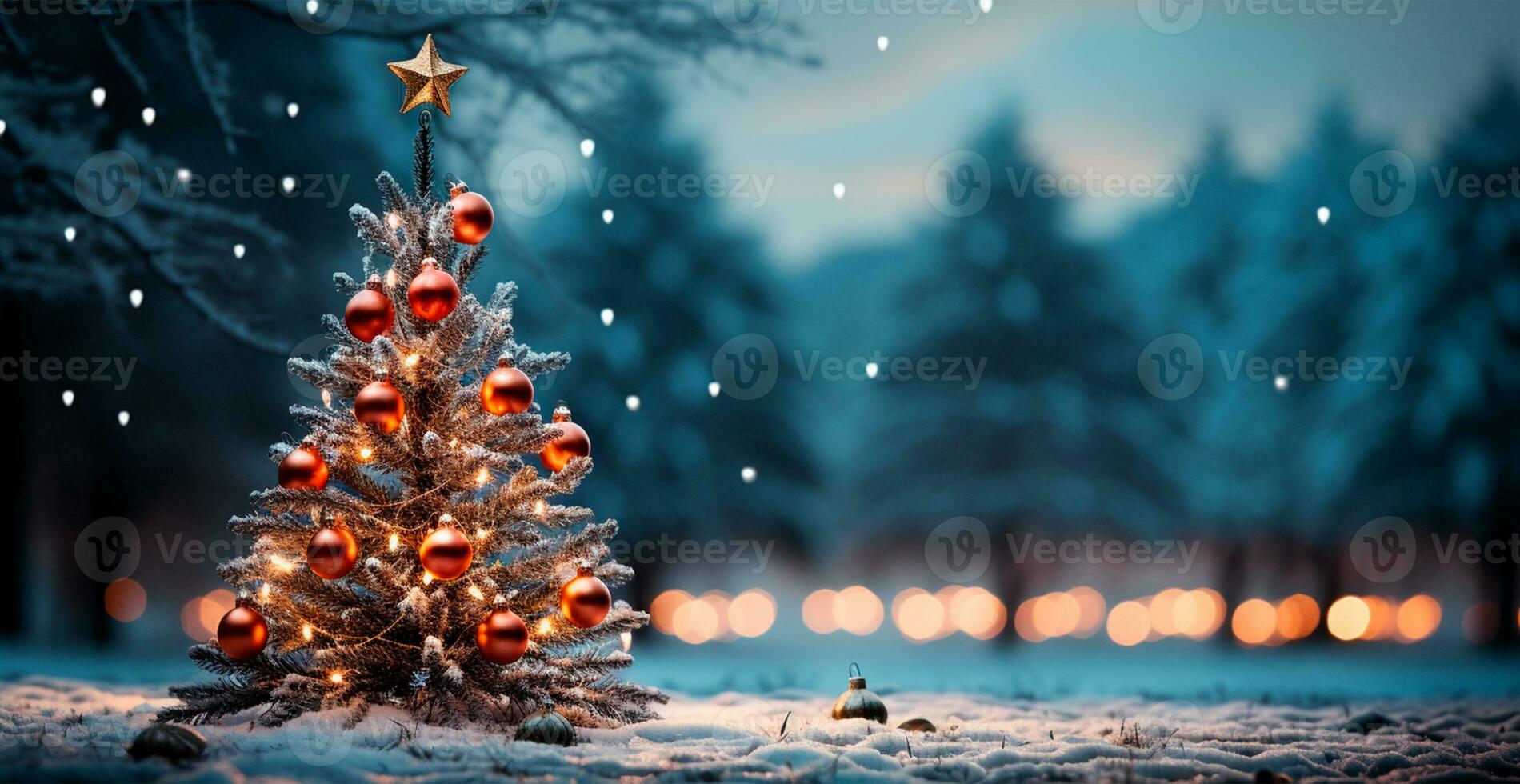 New Year holiday concept. Large Christmas tree decorated with balls and garland - AI generated image photo