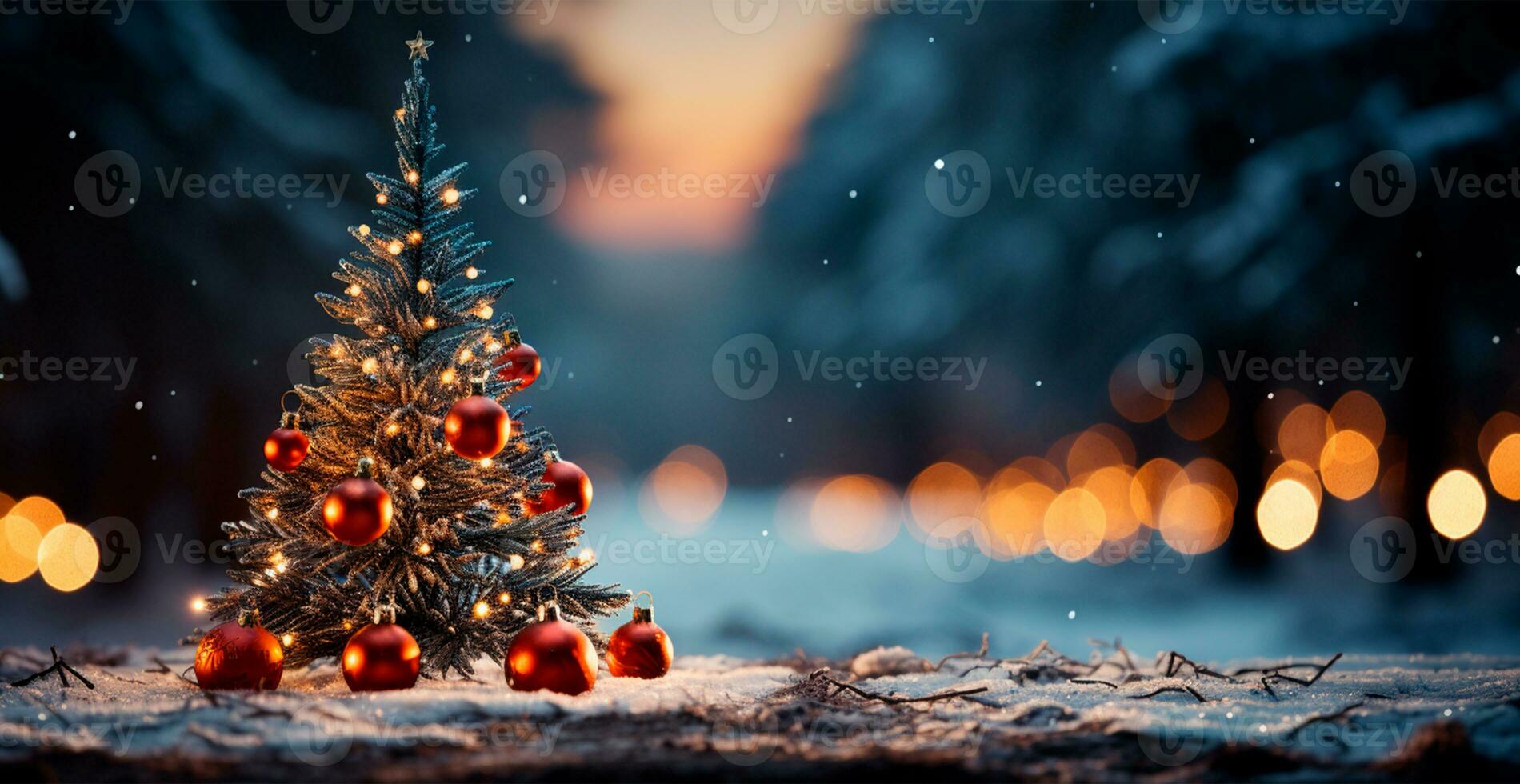 New Year holiday concept. Large Christmas tree decorated with balls and garland - AI generated image photo