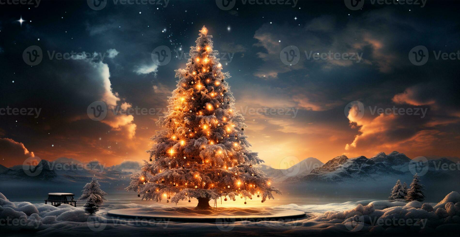 New Year holiday concept. Large Christmas tree decorated with balls and garland - AI generated image photo