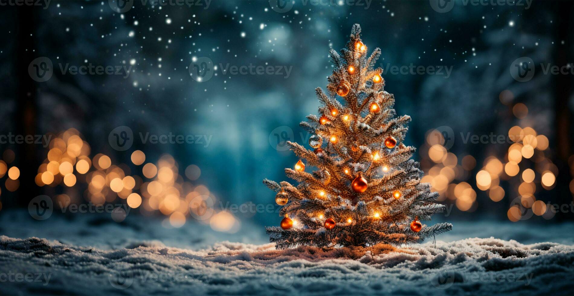 New Year holiday concept. Large Christmas tree decorated with balls and garland - AI generated image photo