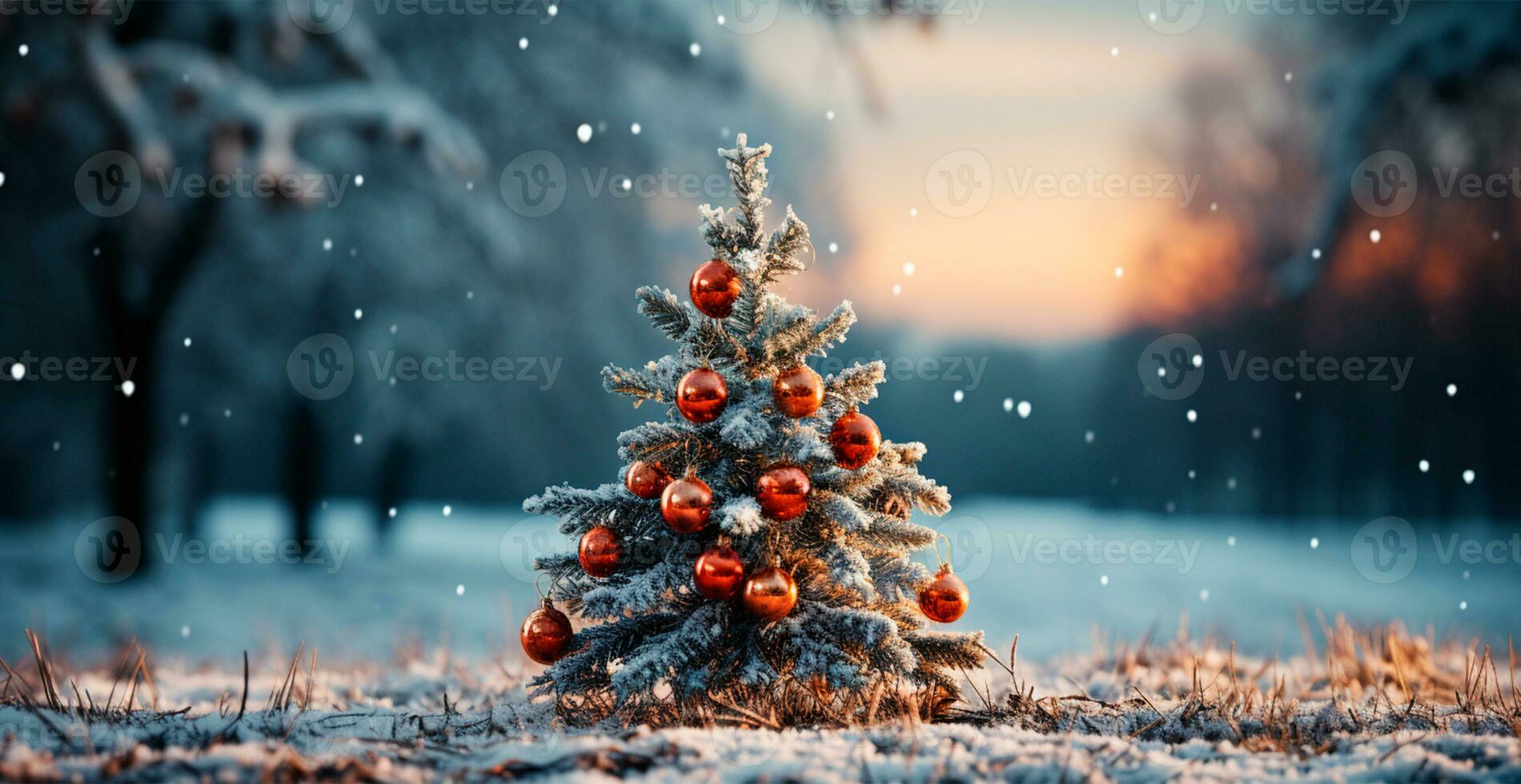 New Year holiday concept. Large Christmas tree decorated with balls and garland - AI generated image photo