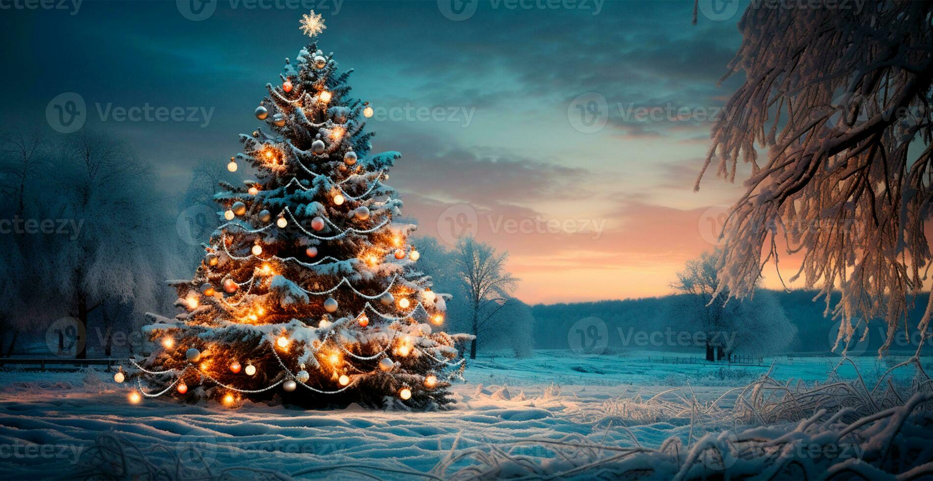 New Year holiday concept. Large Christmas tree decorated with balls and garland - AI generated image photo