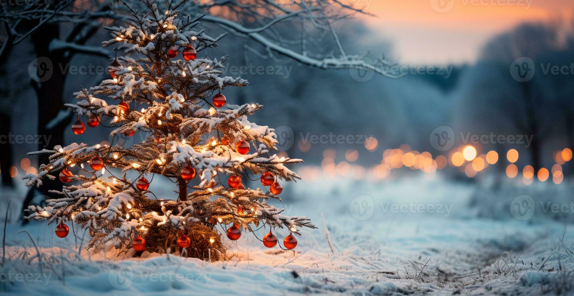 New Year holiday concept. Large Christmas tree decorated with balls and garland - AI generated image photo