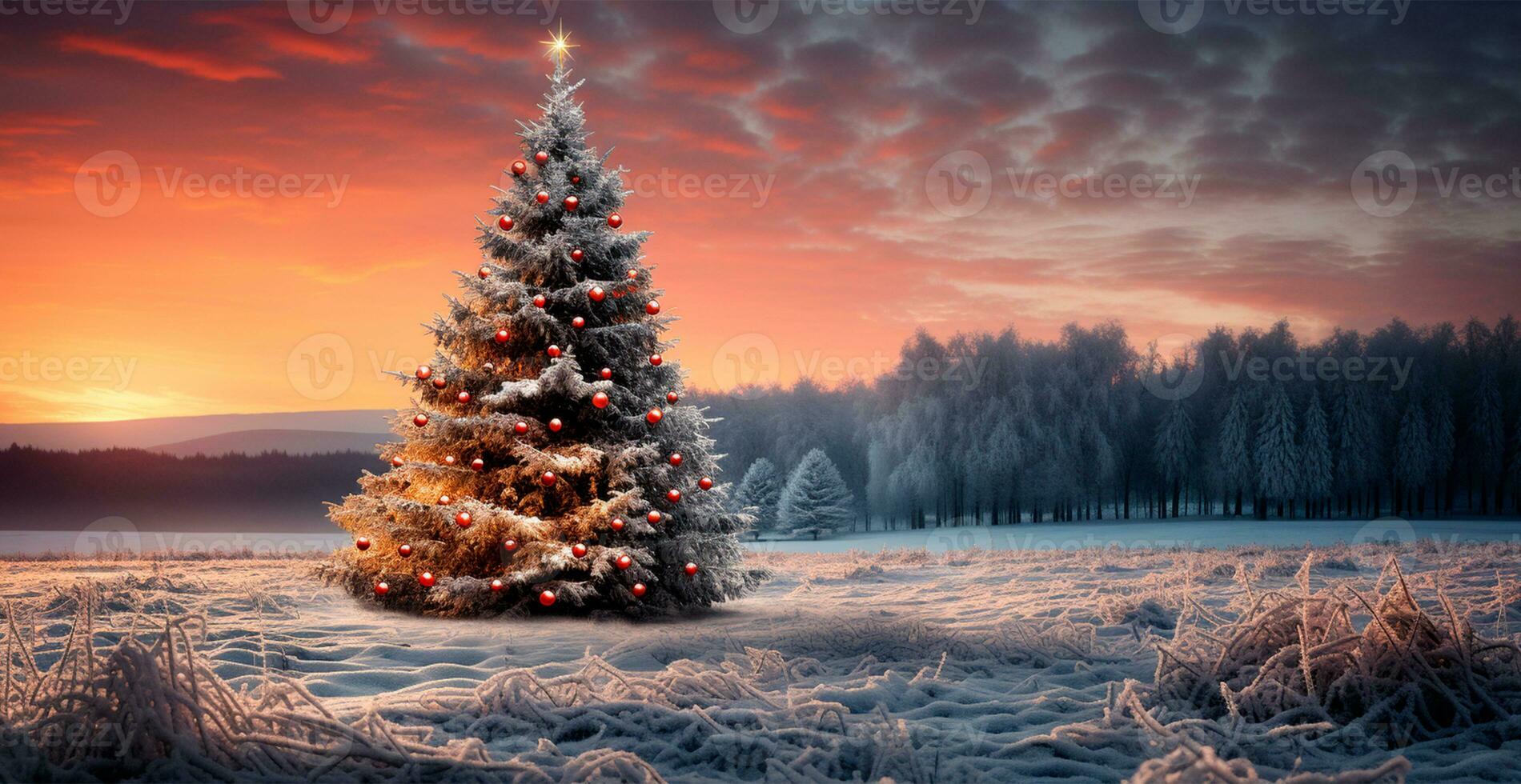 New Year holiday concept. Large Christmas tree decorated with balls and garland - AI generated image photo