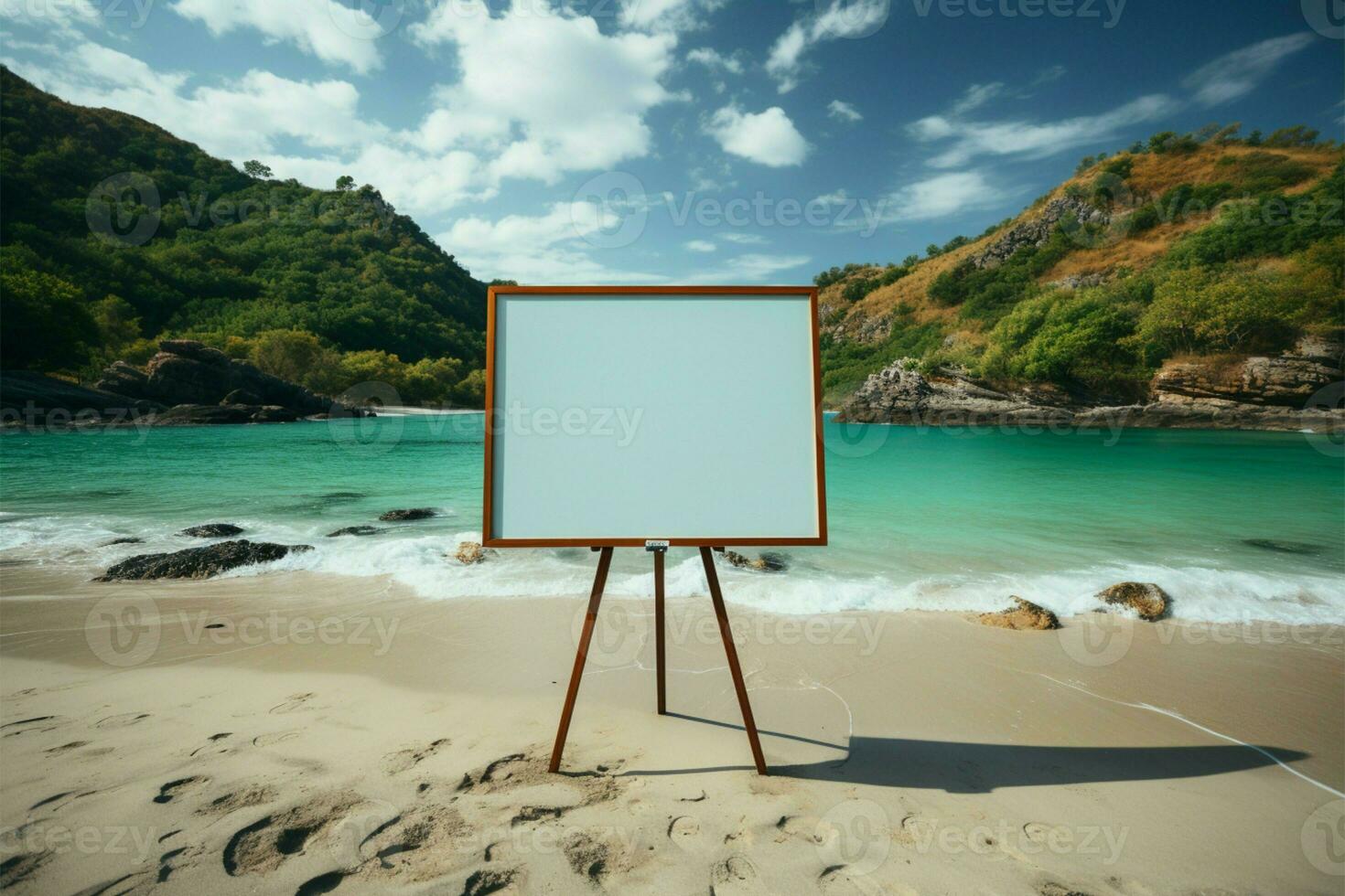 blanco cartelera en el playa con mar en el antecedentes ai generado foto