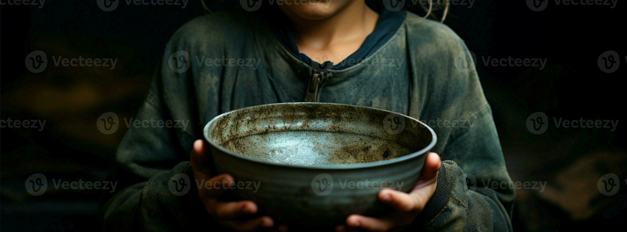 Hungry child holds empty bowl, highlighting food insecurity AI Generated photo