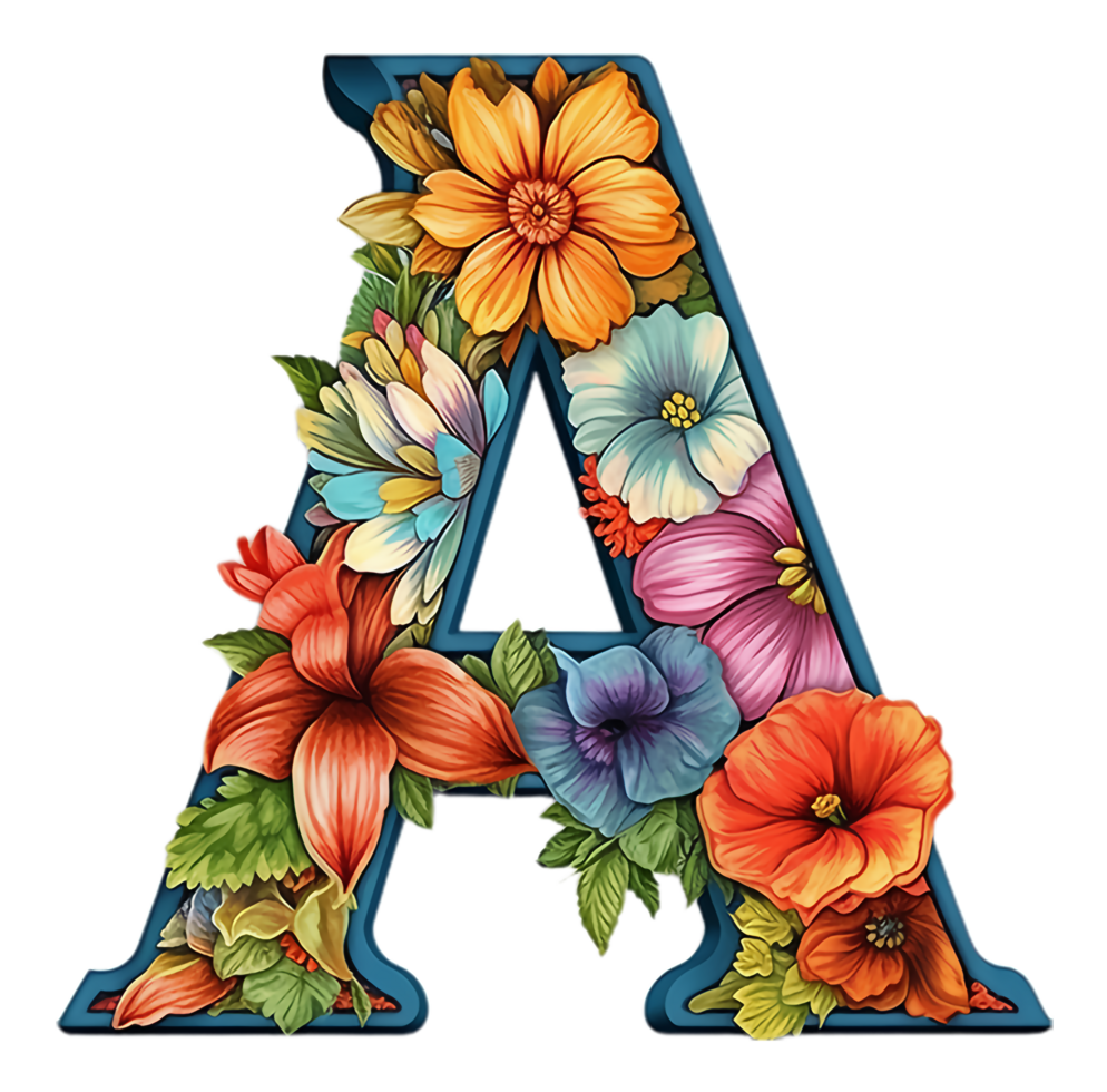 il lettera un' elemento è decorato con colorato floreale motivi. isolato su trasparente sfondo. generativo ai png