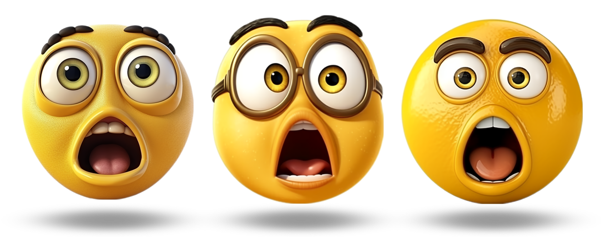 collection of emoticons with surprised faces, isolated on transparent background, generative ai png