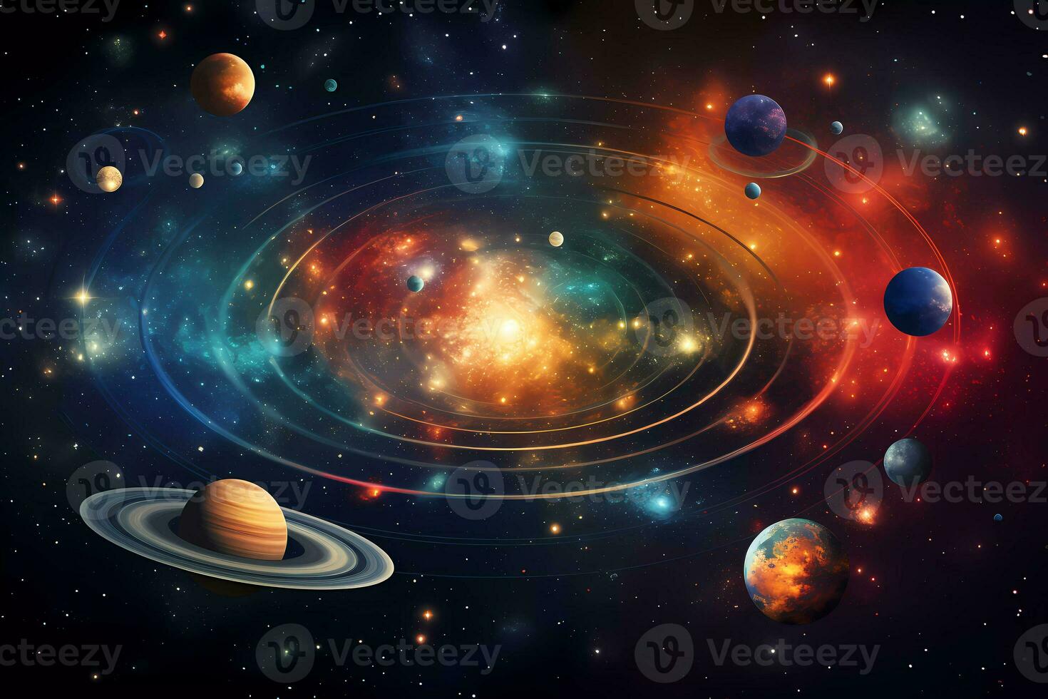 A poster for the universe with planets and stars. Astronomical galaxy space photo