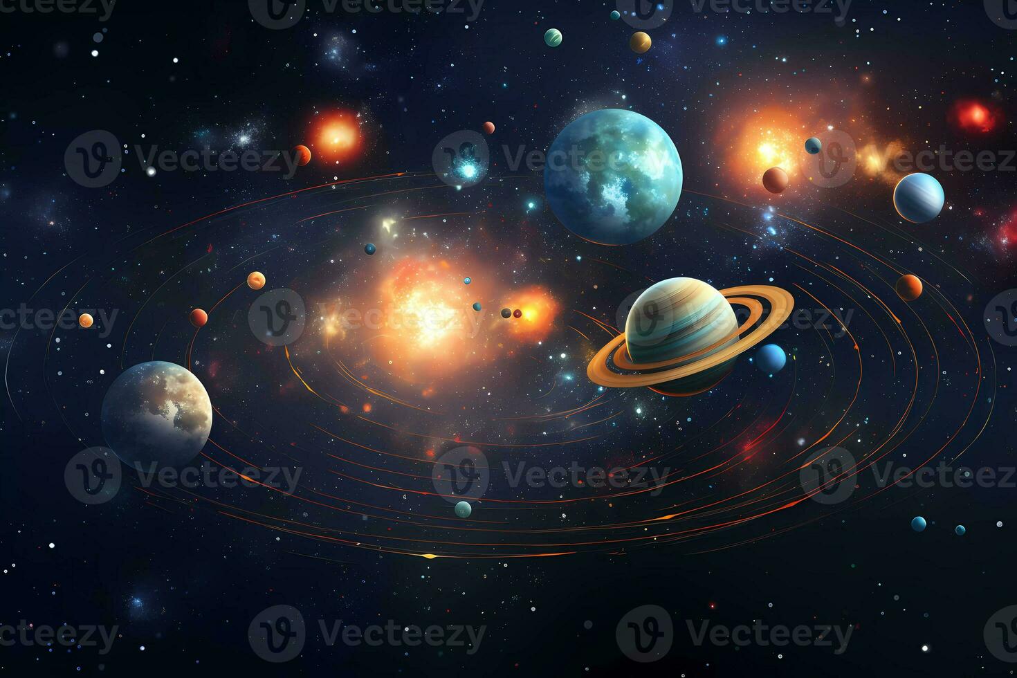 A poster for the universe with planets and stars. Astronomical galaxy space photo