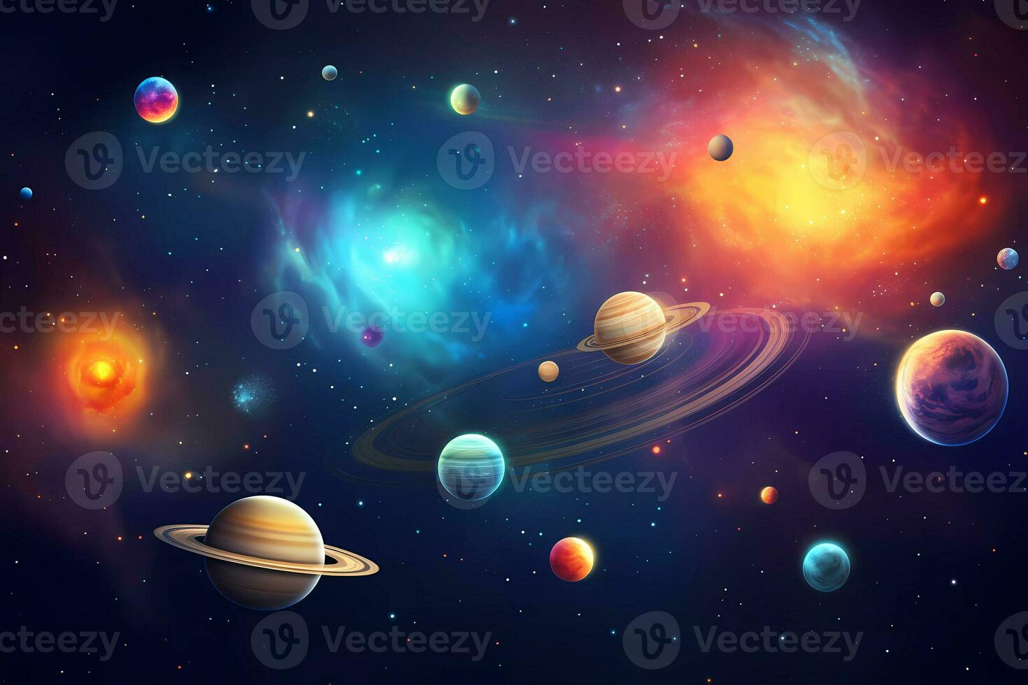 A poster for the universe with planets and stars. Astronomical galaxy space photo