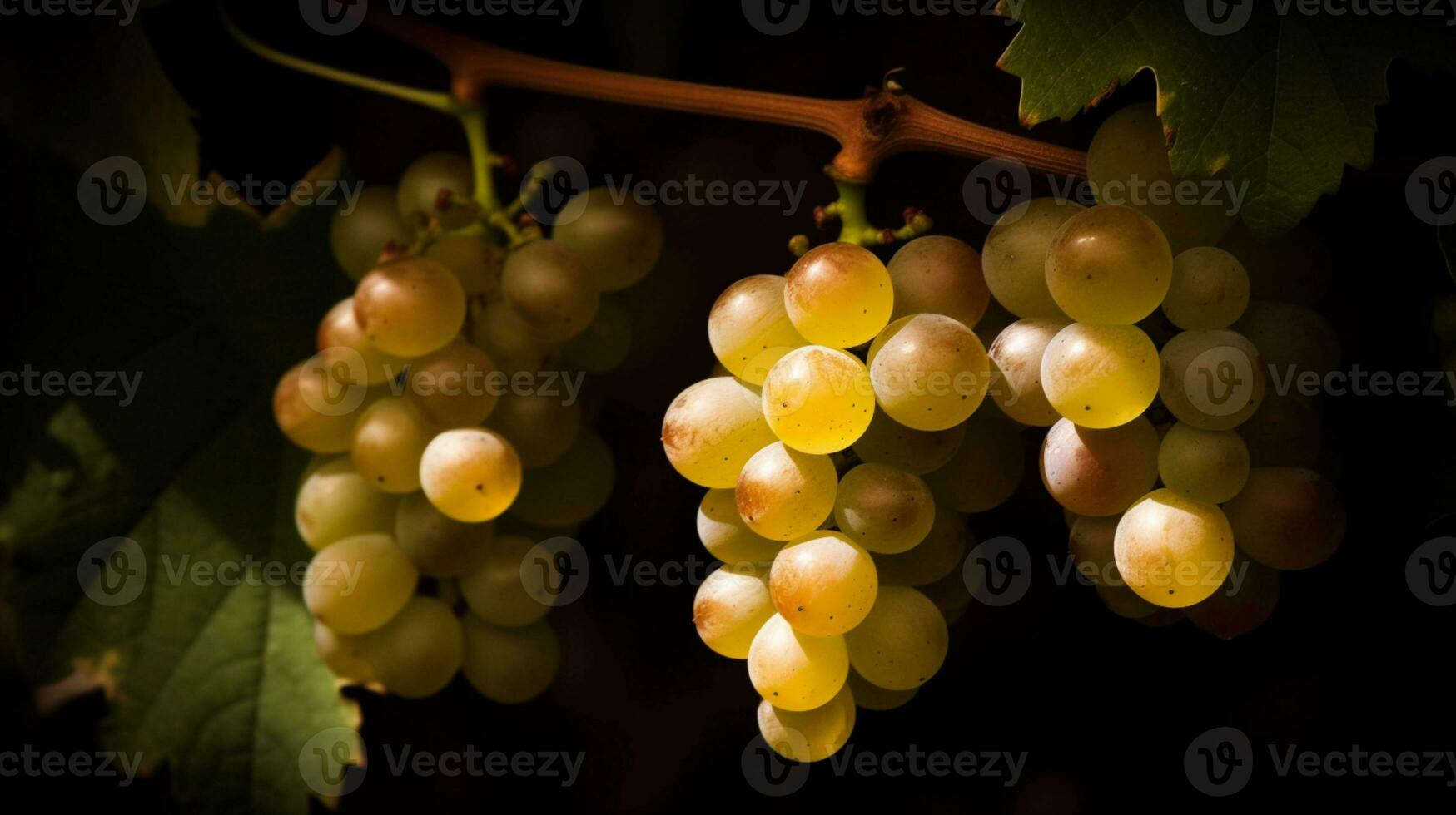 de cerca de un manojo de uvas en vid ai generado foto