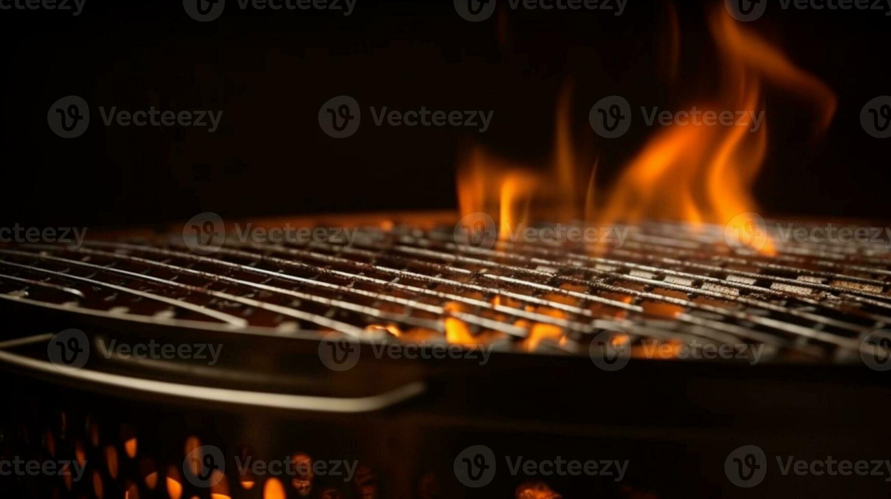 Empty barbecue Grill With Fire Flames. Black cooking grill background AI Generated photo