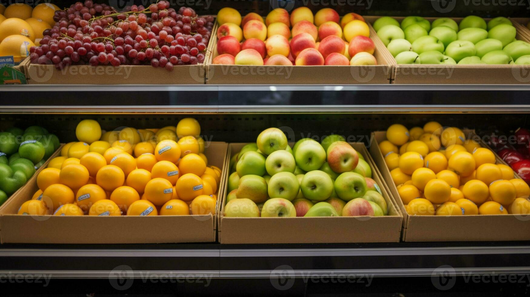 Fresco frutas y vegetales en estante en supermercado ai generado foto