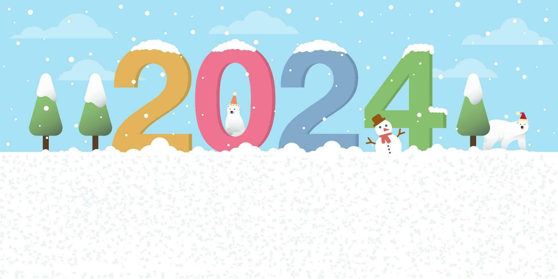 Snowscape with 2024 alphabet flat design vector illustration. Merry Christmas and Happy New Year greeting card template have blank space.