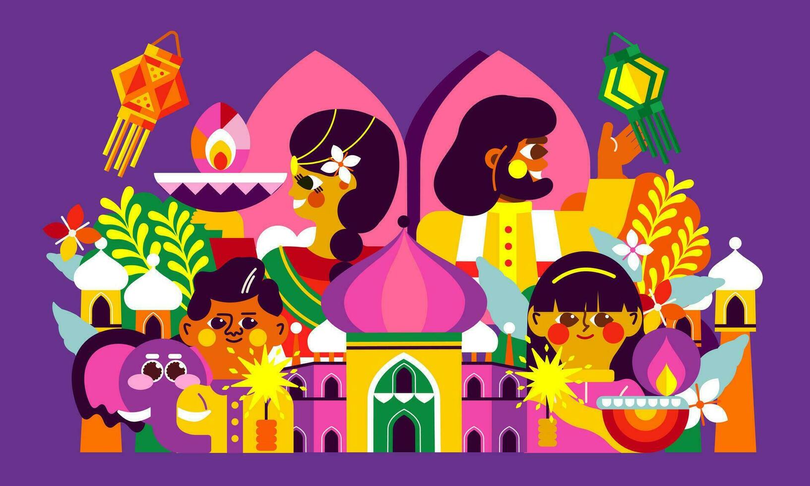 Get into the Diwali celebration with this modern illustration. Cheerful, smiling Indian couple, their children and a sea of lights. vector