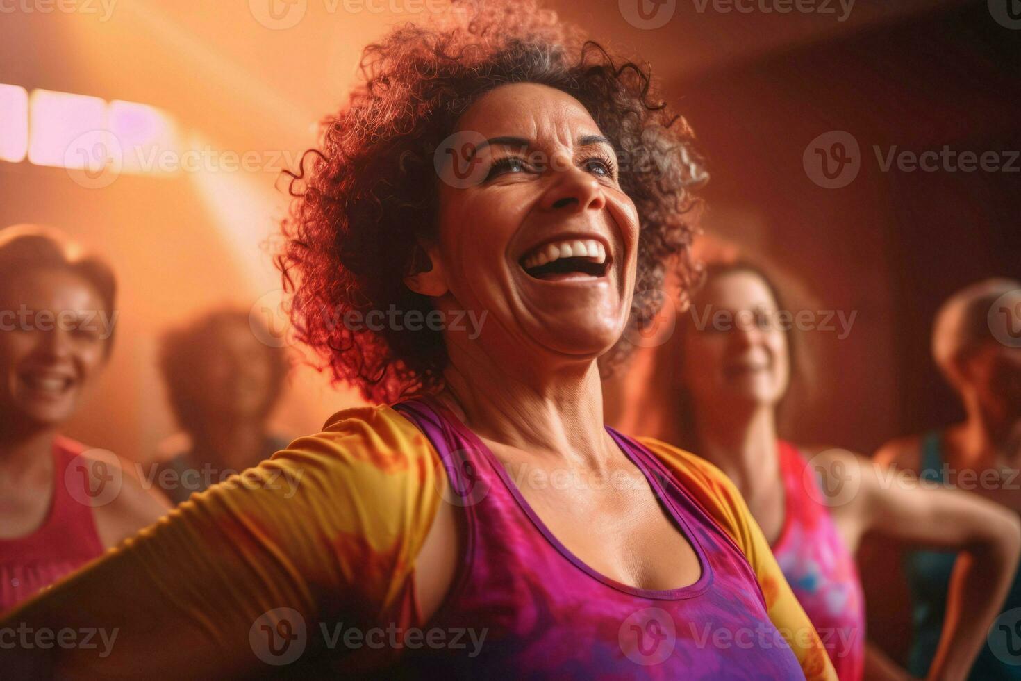 mujer alegre danza clase fiesta. generar ai foto