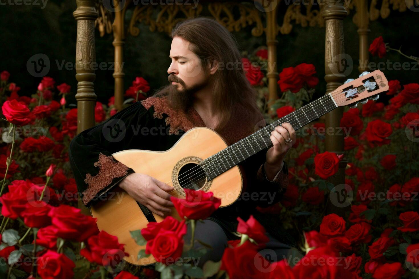 hombre guitarra rosas jardín música. generar ai foto