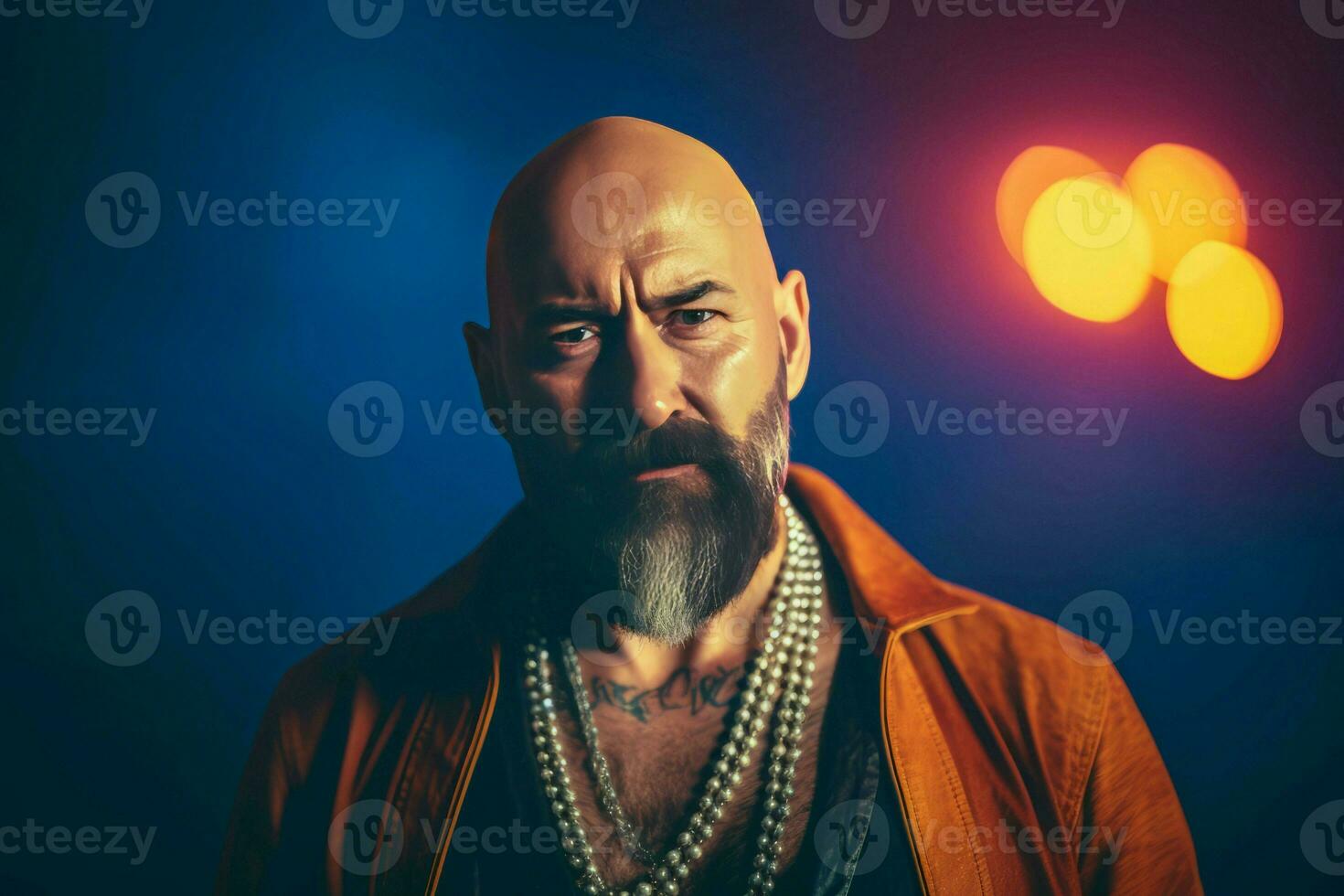 Man serious beard bald head. Generate Ai photo