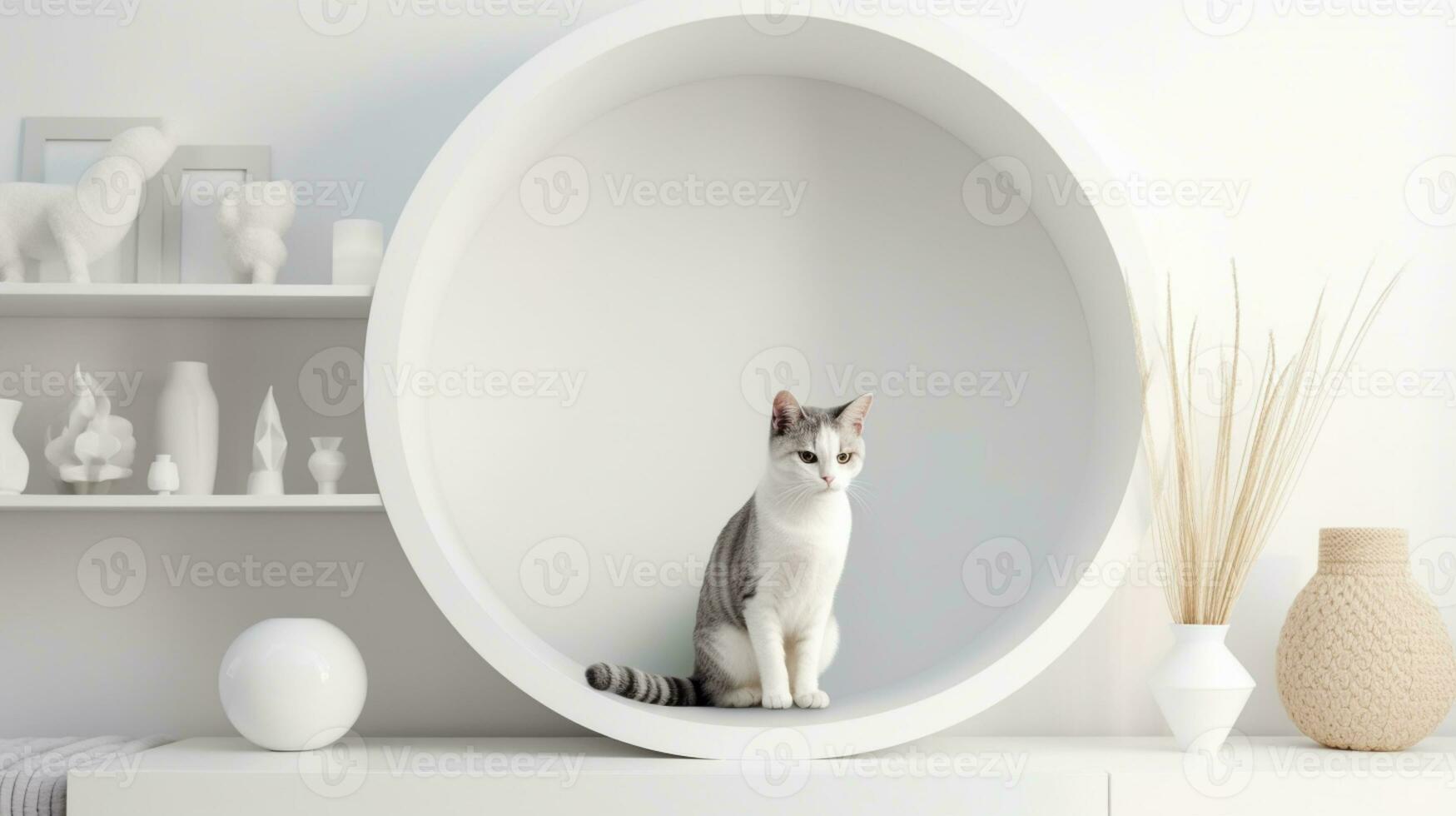 gato blanco vivo habitación minimalista interior estante Bosquejo. hogar interior moderno blanco vacío Copiar espacio ai generado foto