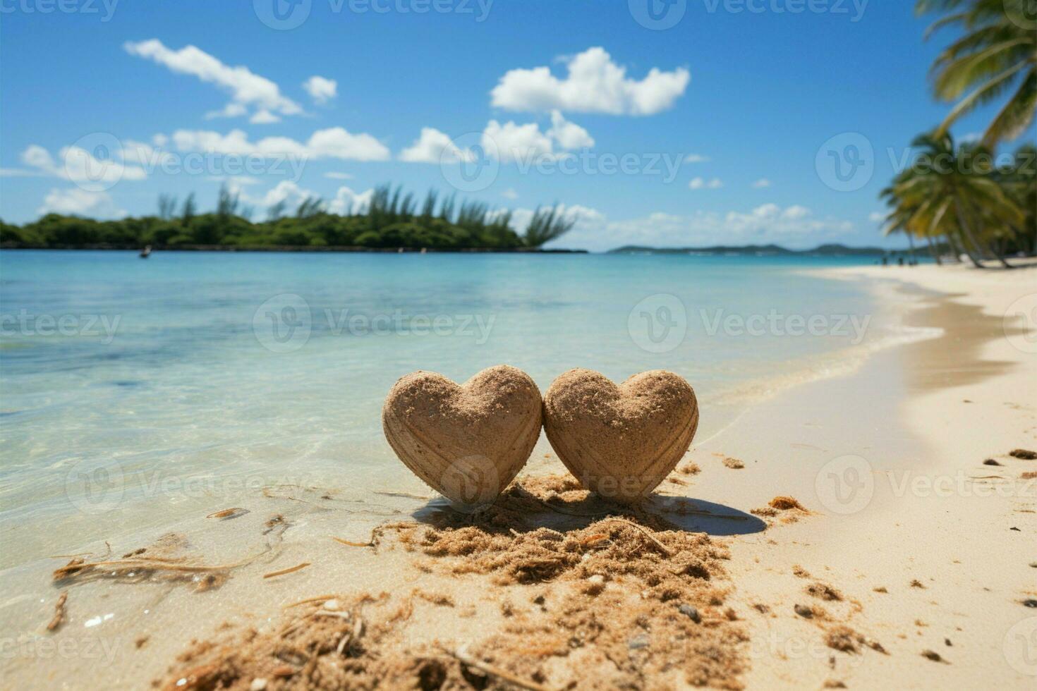 Tropical romance Sand hosts handwritten hearts against a serene beach background AI Generated photo