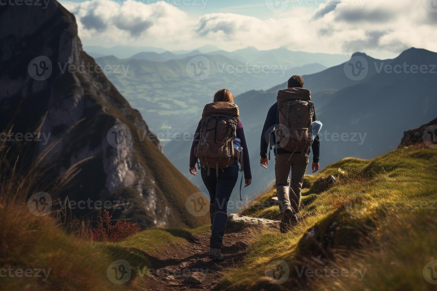 Backpackers from the back, journeying through picturesque highlands. Generate Ai photo
