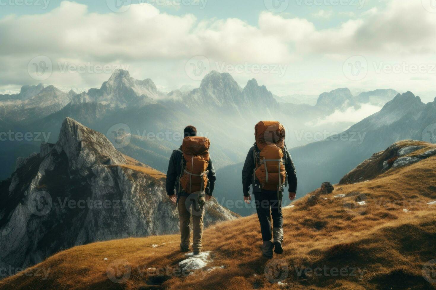 Rear view of trekkers exploring mountainous terrain. Generate Ai photo