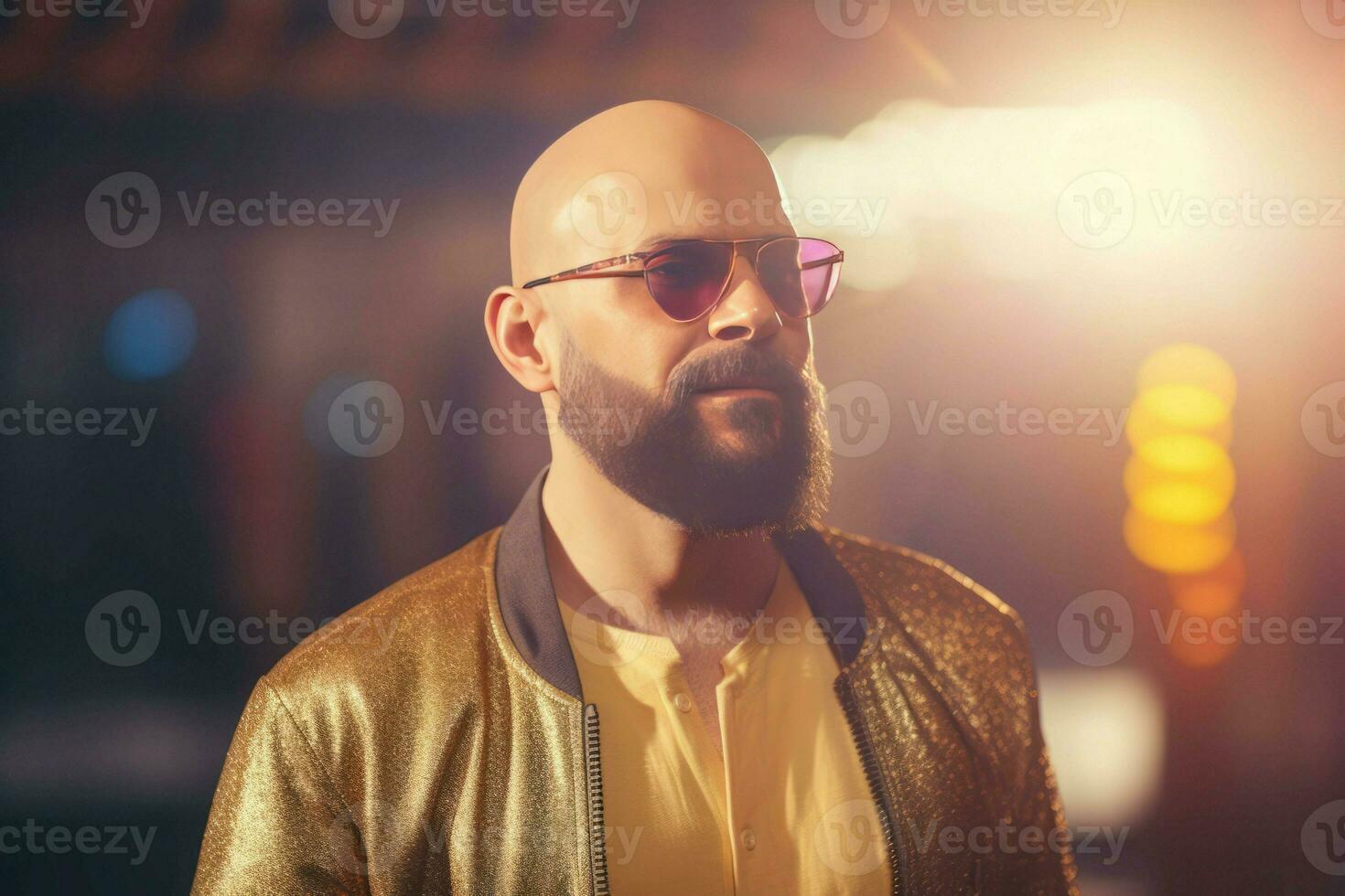 Man beard bald head in lights. Generate Ai photo