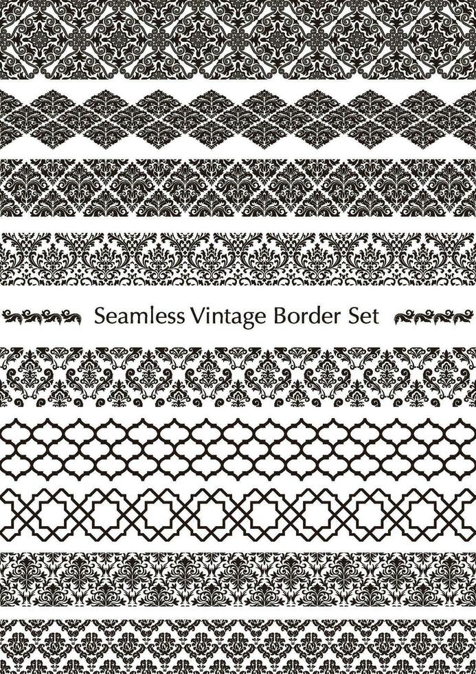 Vector Damask Vintage Seamless Border Set. Horizontally And Vertically Repeatable.