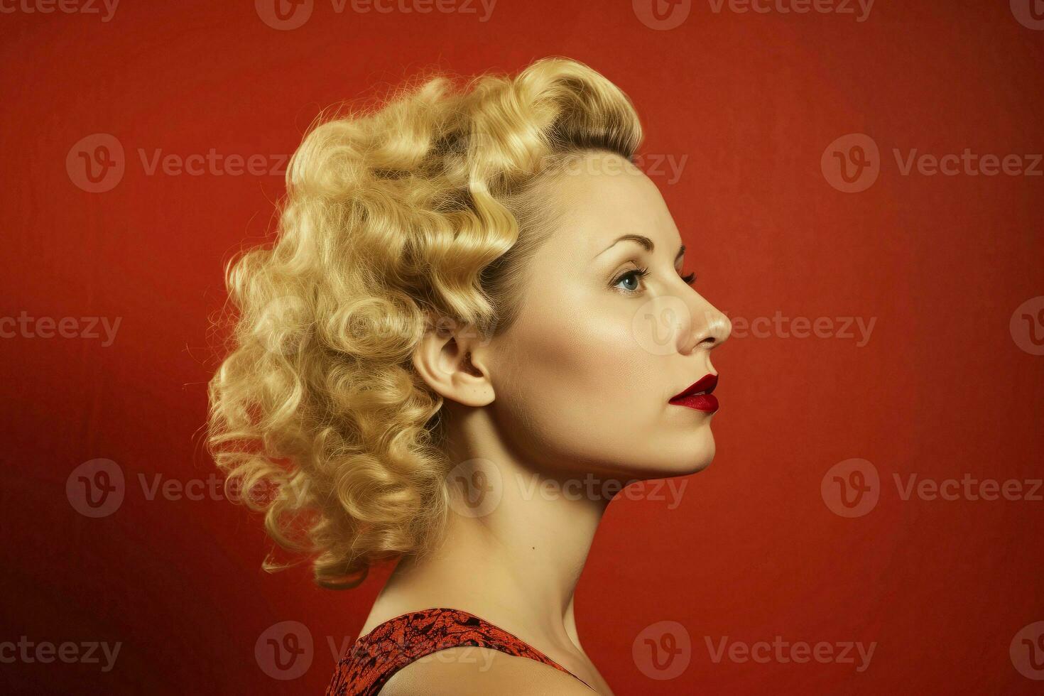 Portrait retro blondie red wall. Generate Ai photo