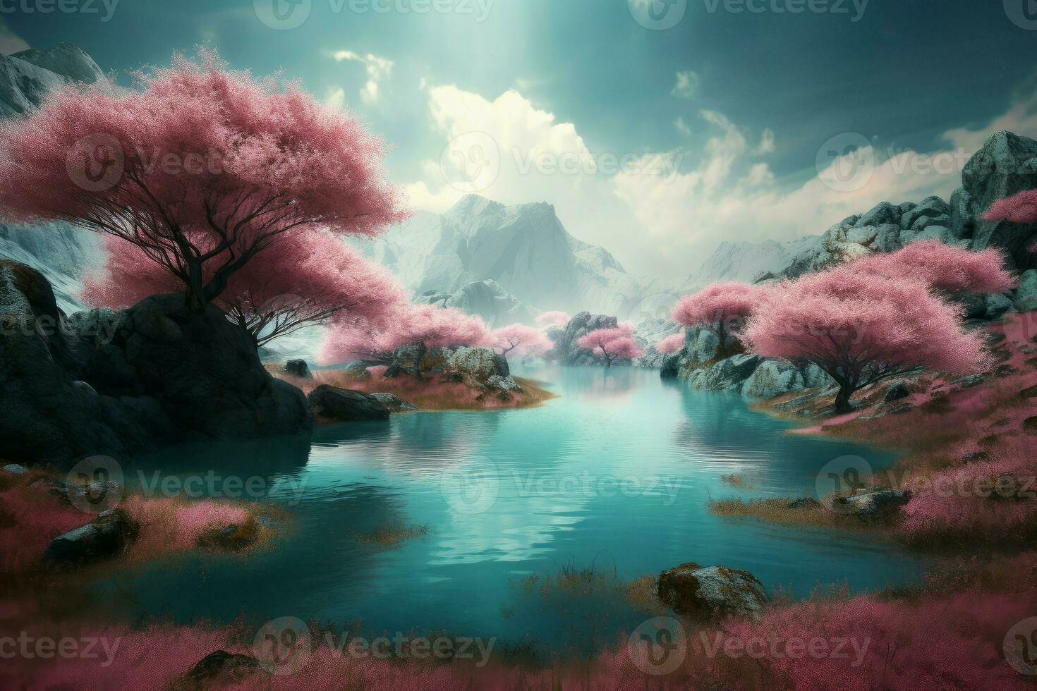Pink magical forest lake. Generate Ai photo
