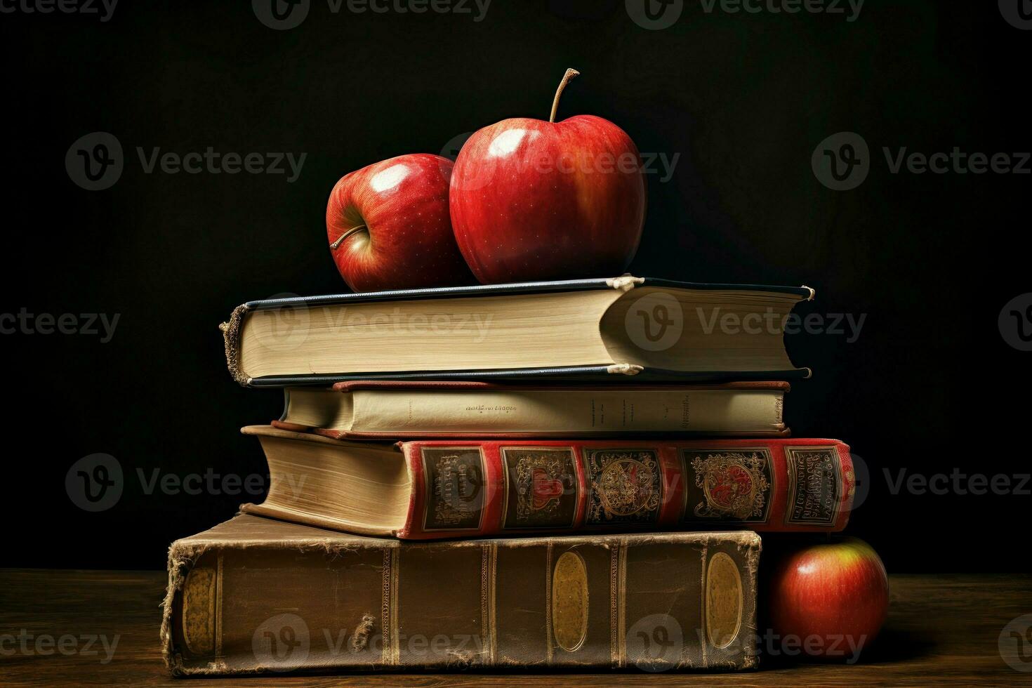 Two red apples on book. Generate Ai photo