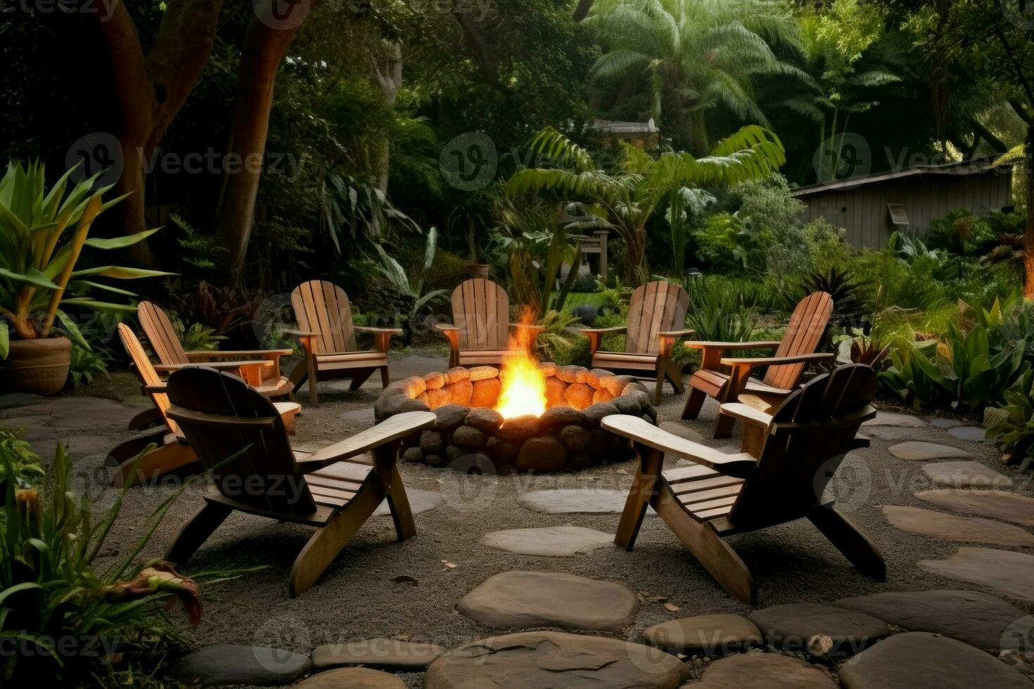 al aire libre patio con un flameante hogar durante el noche. generar ai foto