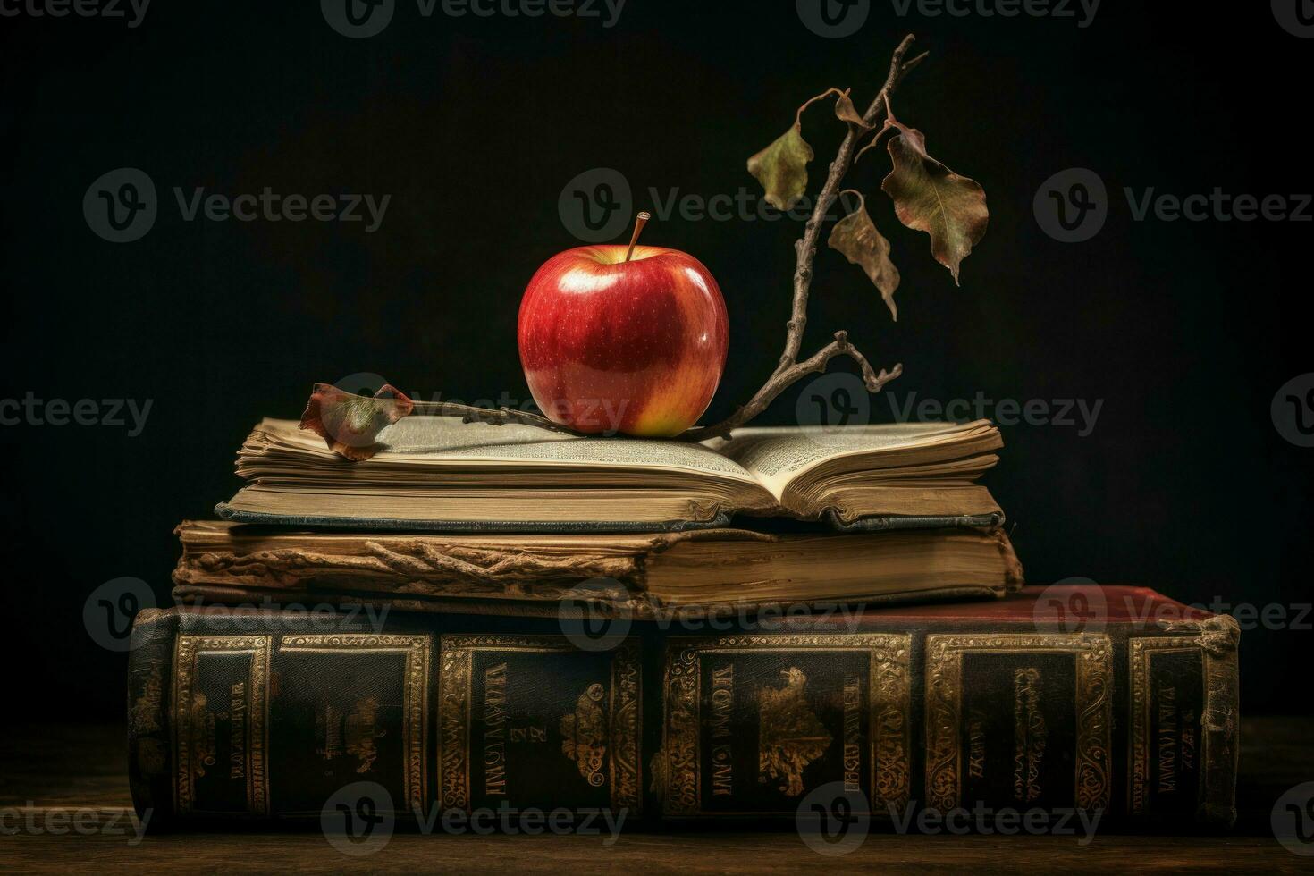 Red apple on open book. Generate Ai photo