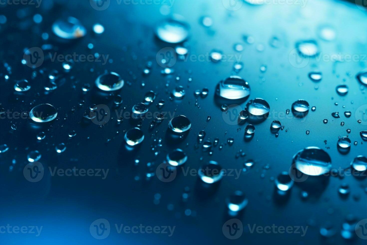 Sparkling water drops on a deep blue backdrop with highlights and gradients. AI Generated photo