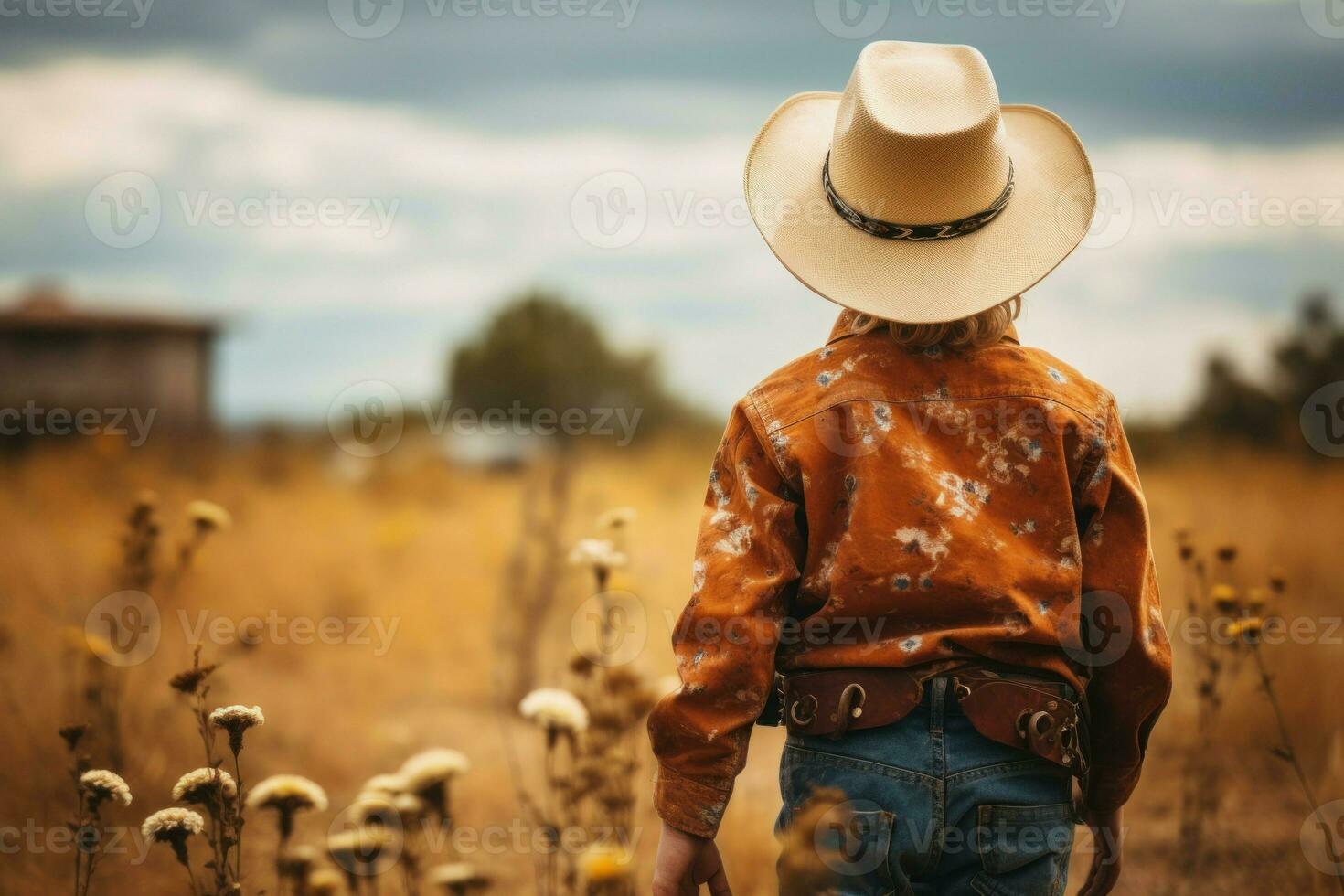 Fearless Back view cowboy boy. Generate Ai photo