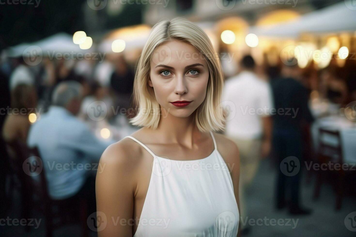 Blonde woman white dress. Generate Ai photo