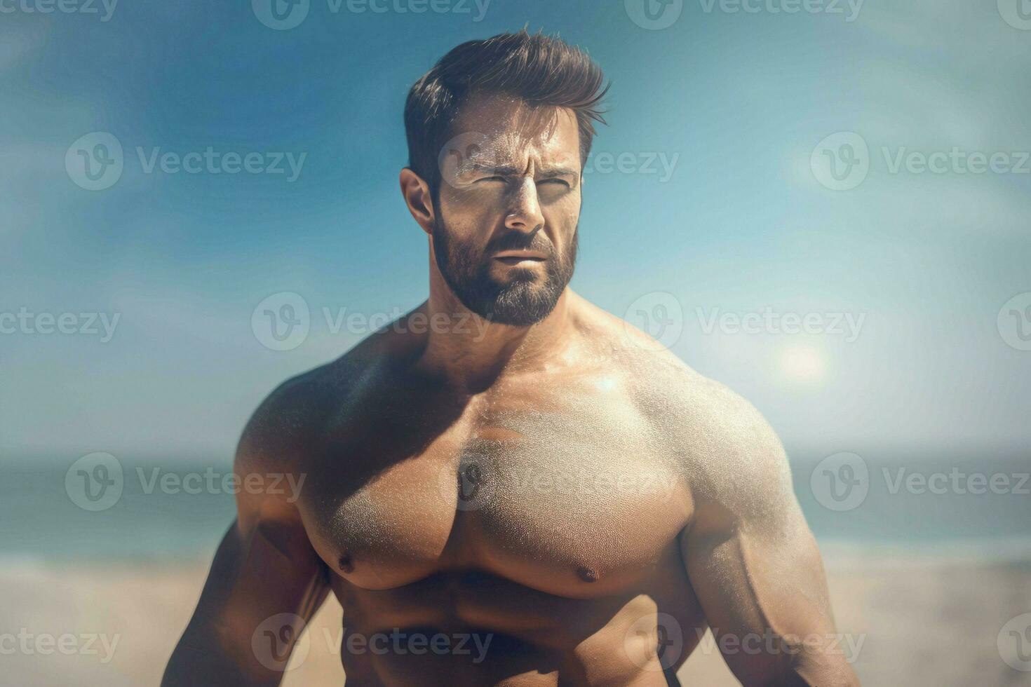 Muscle man beach. Generate Ai photo