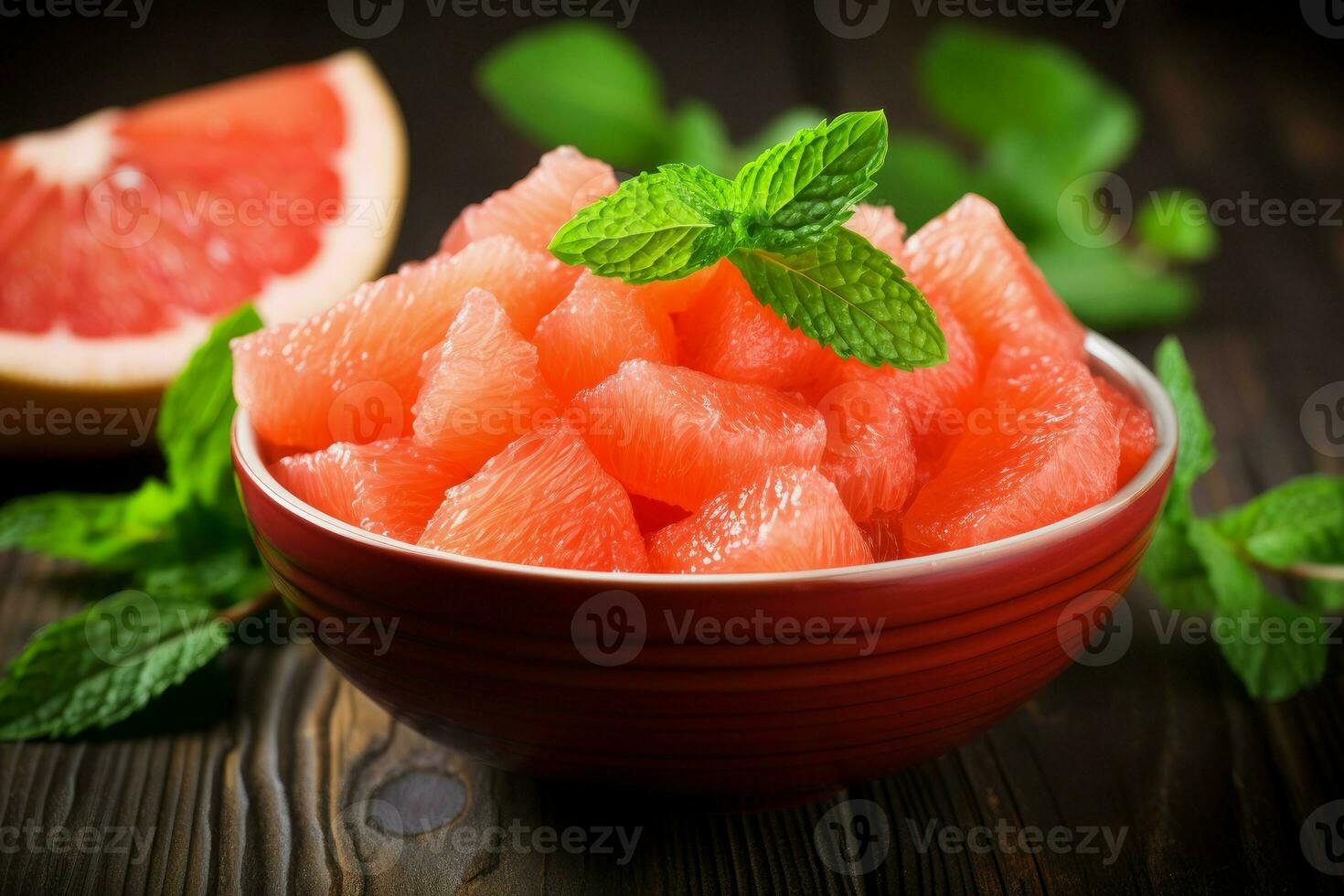 Grapefruit pieces mint bowl ice fresh. Generate Ai photo