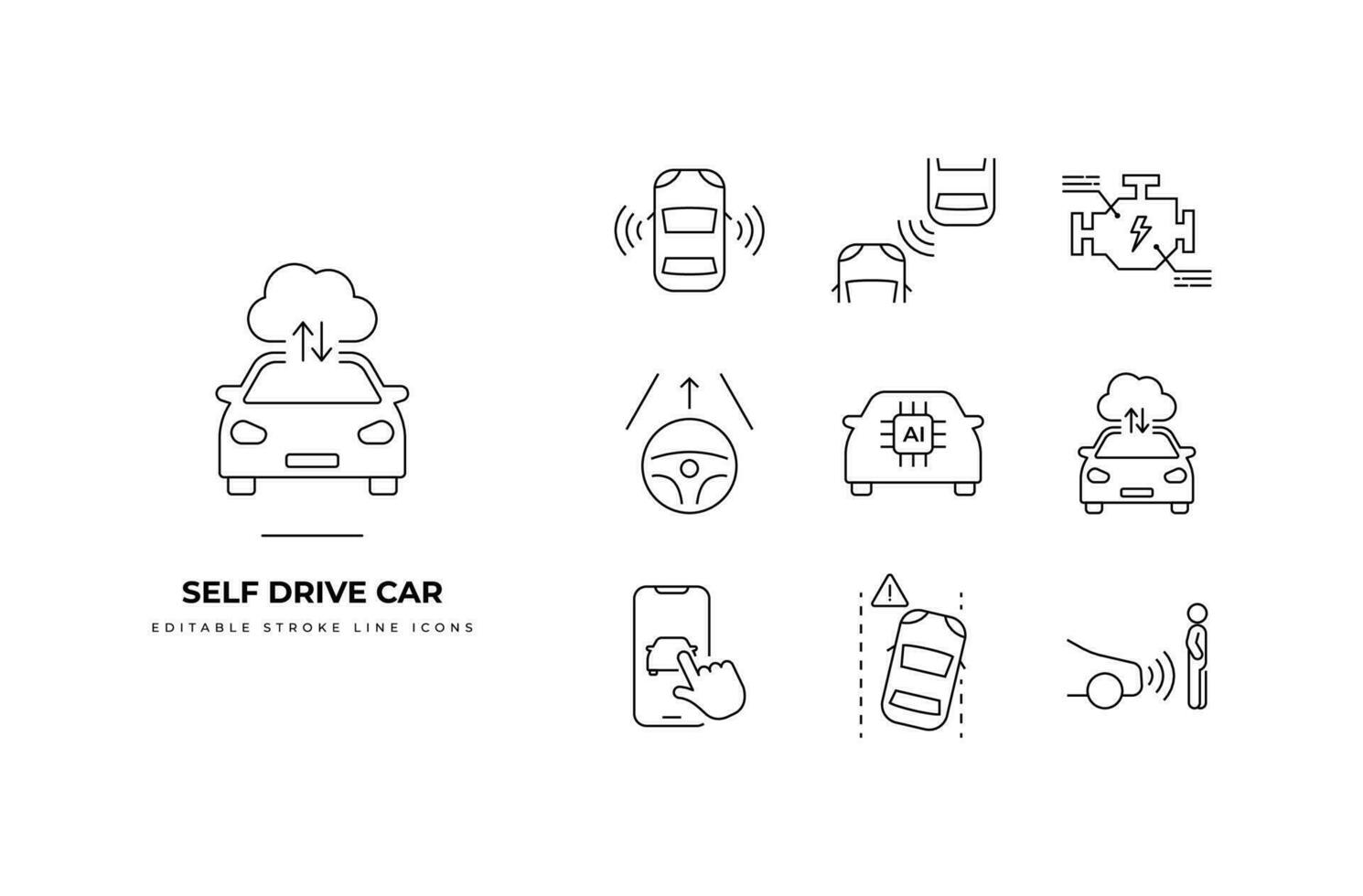 Vector autonomous self drive car sensor control system editable stroke outline icon set.