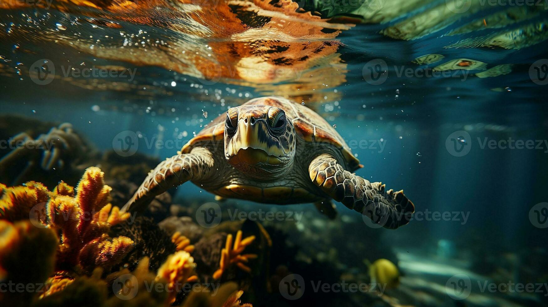 Sea turtle close up over coral reef in Sabah. Conservation and marine life concept. Nature at it's best photo