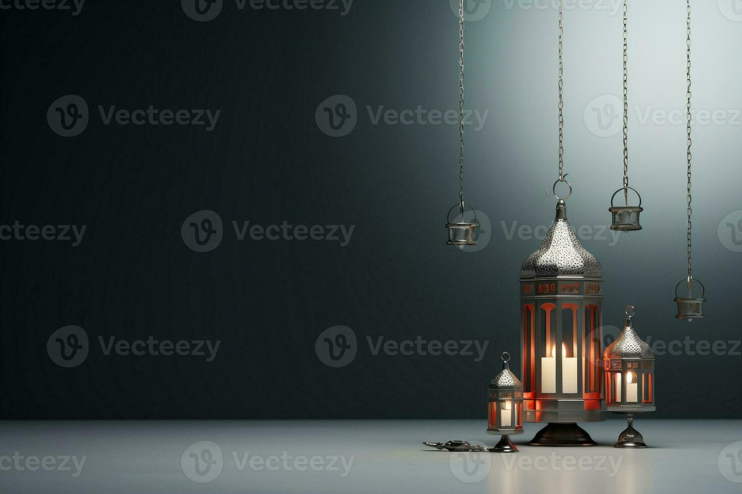 A lantern with candle. Islamic celebration and Fitr Adha Muharram Ramadan. Space for text. photo