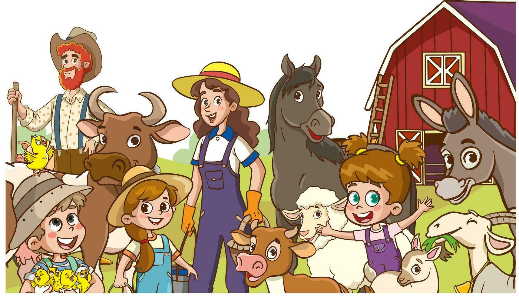 ilustración de un grupo de granja niños y su granja animal caracteres vector