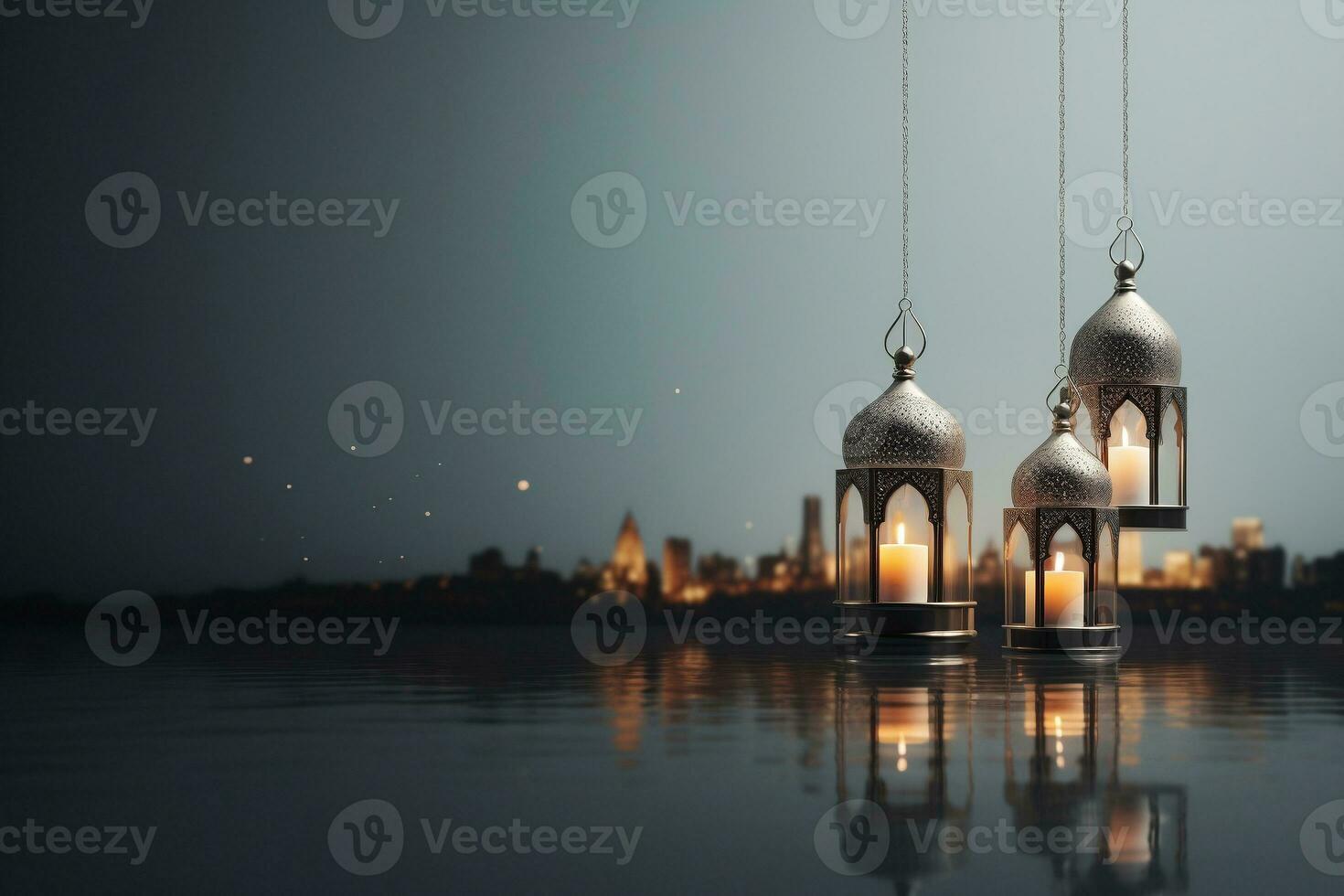 A lantern with candle. Islamic celebration and Fitr Adha Muharram Ramadan. Space for text. photo