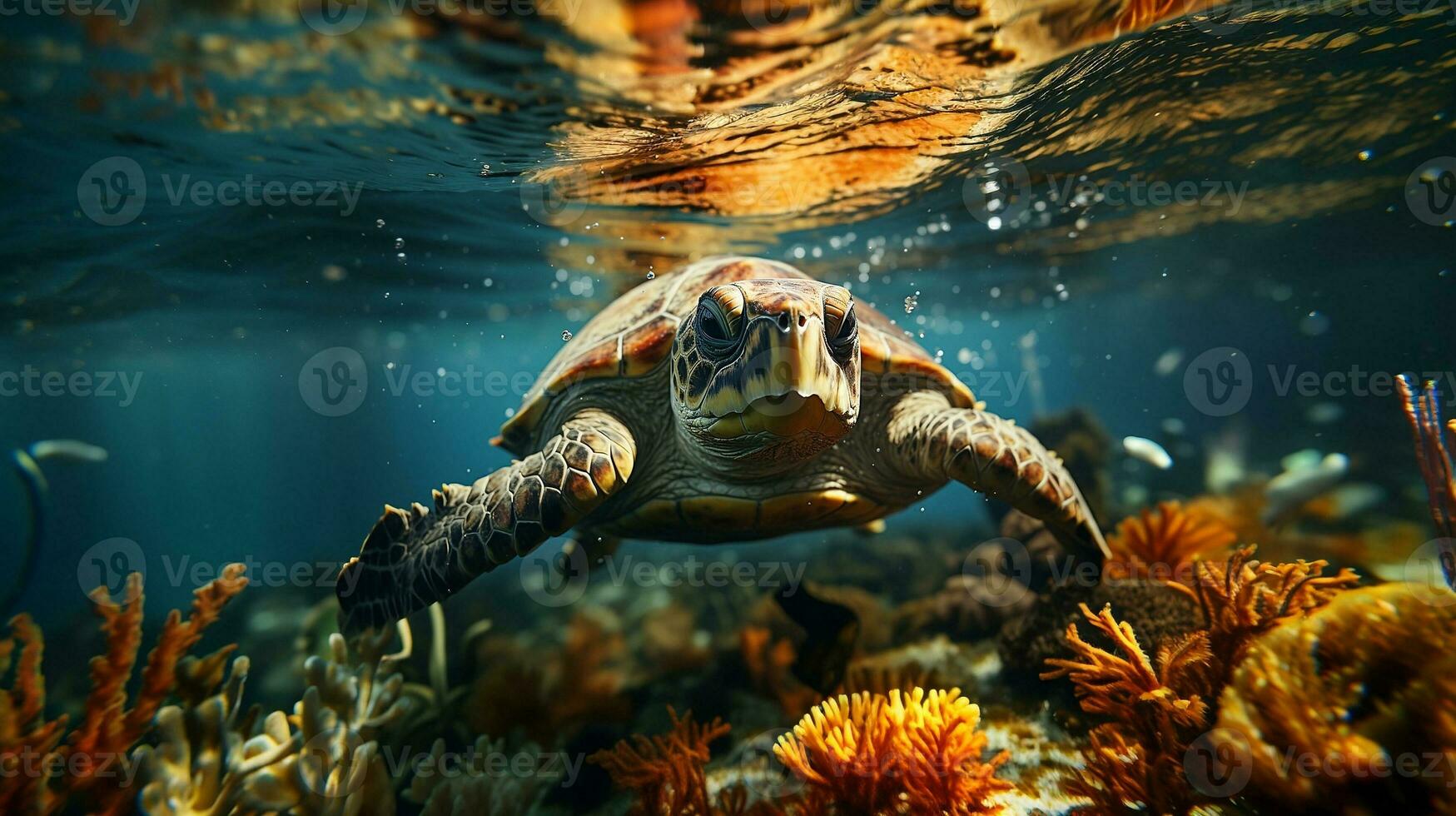 Sea turtle close up over coral reef in Sabah. Conservation and marine life concept photo