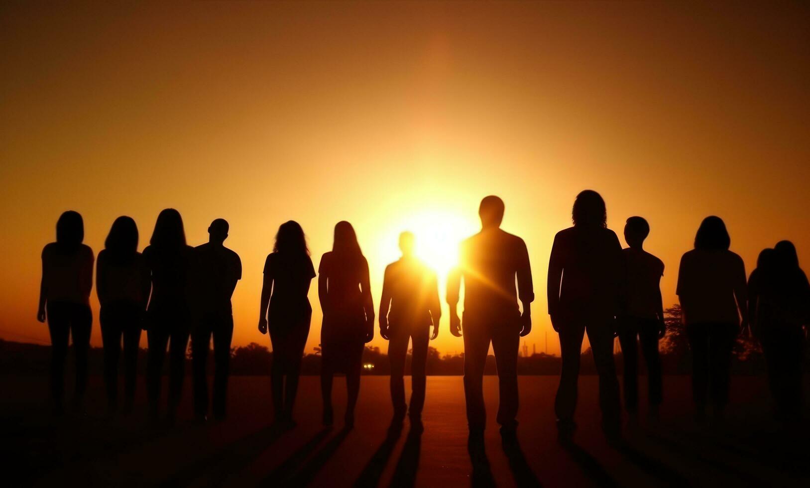 Group of people silhouette in the sunset photo