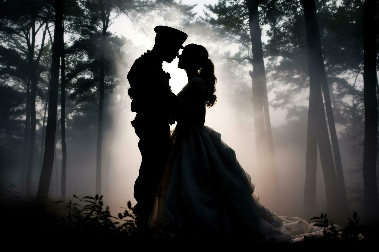 Woman and man kissing in the forest photo