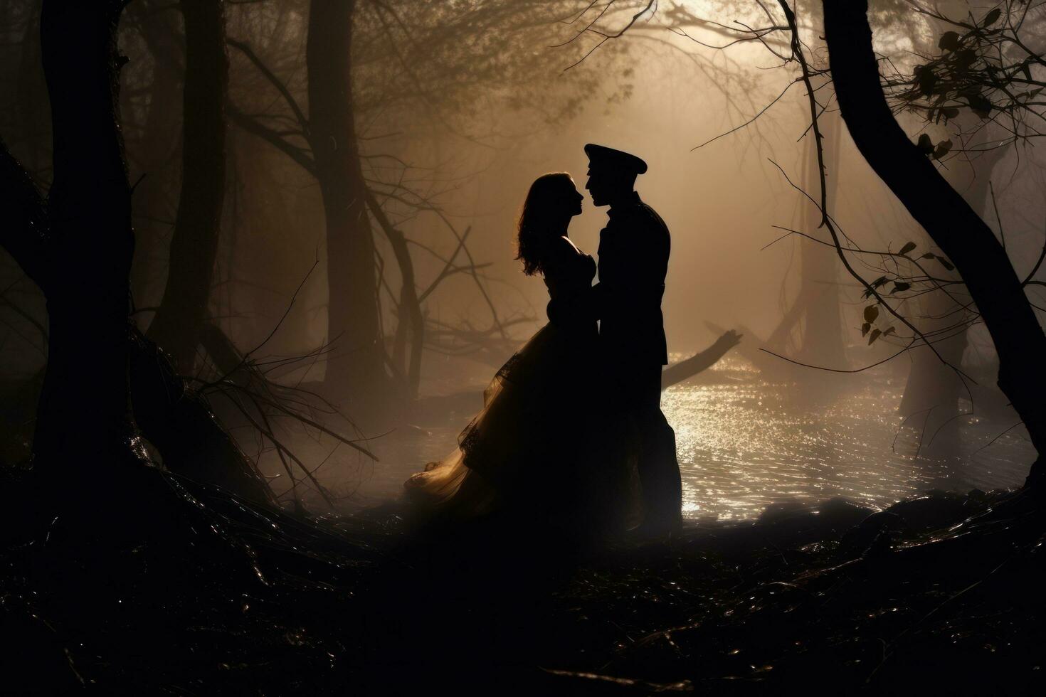 Woman and man kissing in the forest photo